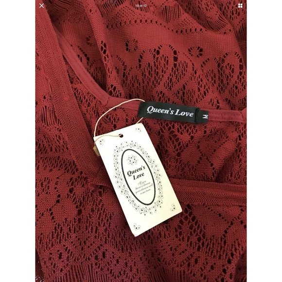 Queens Love Shift Dress M Red Lace Witchy Boho Peasant 3/4 Bell Sleeve Slip NWT - Picture 10 of 12